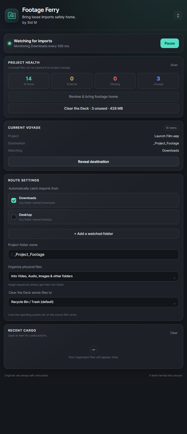 Footage Ferry interface with monitoring, Project Health and route settings